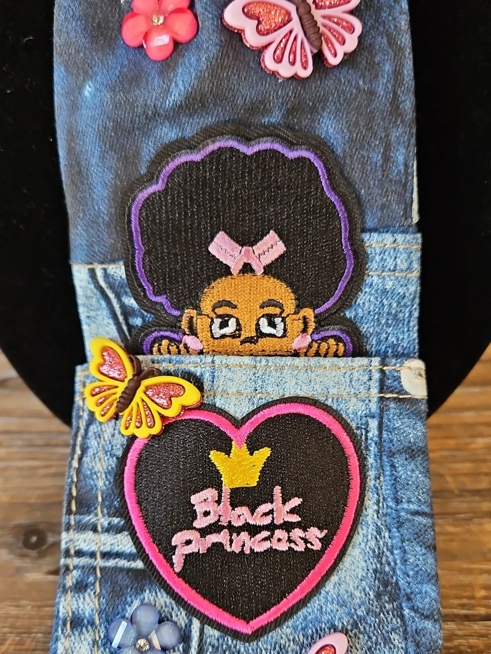 Kids Custom made Denim Tie with Colorful Butterflies & 'Black Princess' Patch